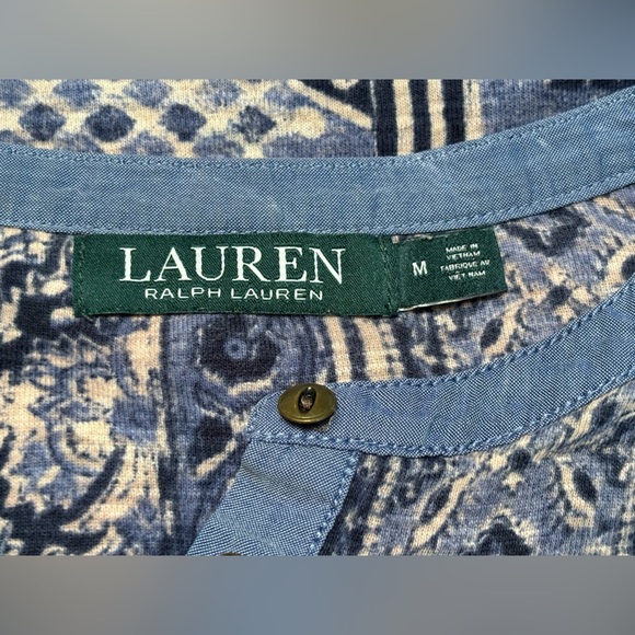 Ralph Lauren Blue and White Patterned Blouse 1/4 button. - Picture 8 of 11